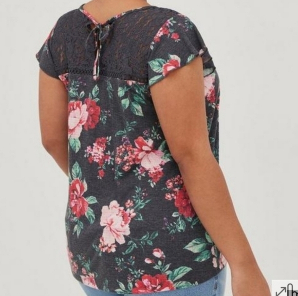 Torrid Knit Jersey Slub Lace Yoke Flutter Sleeve Top - Picture 3 of 7